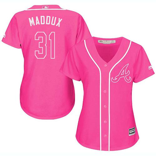 Braves #31 Greg Maddux Pink Fashion Women's Stitched MLB Jersey